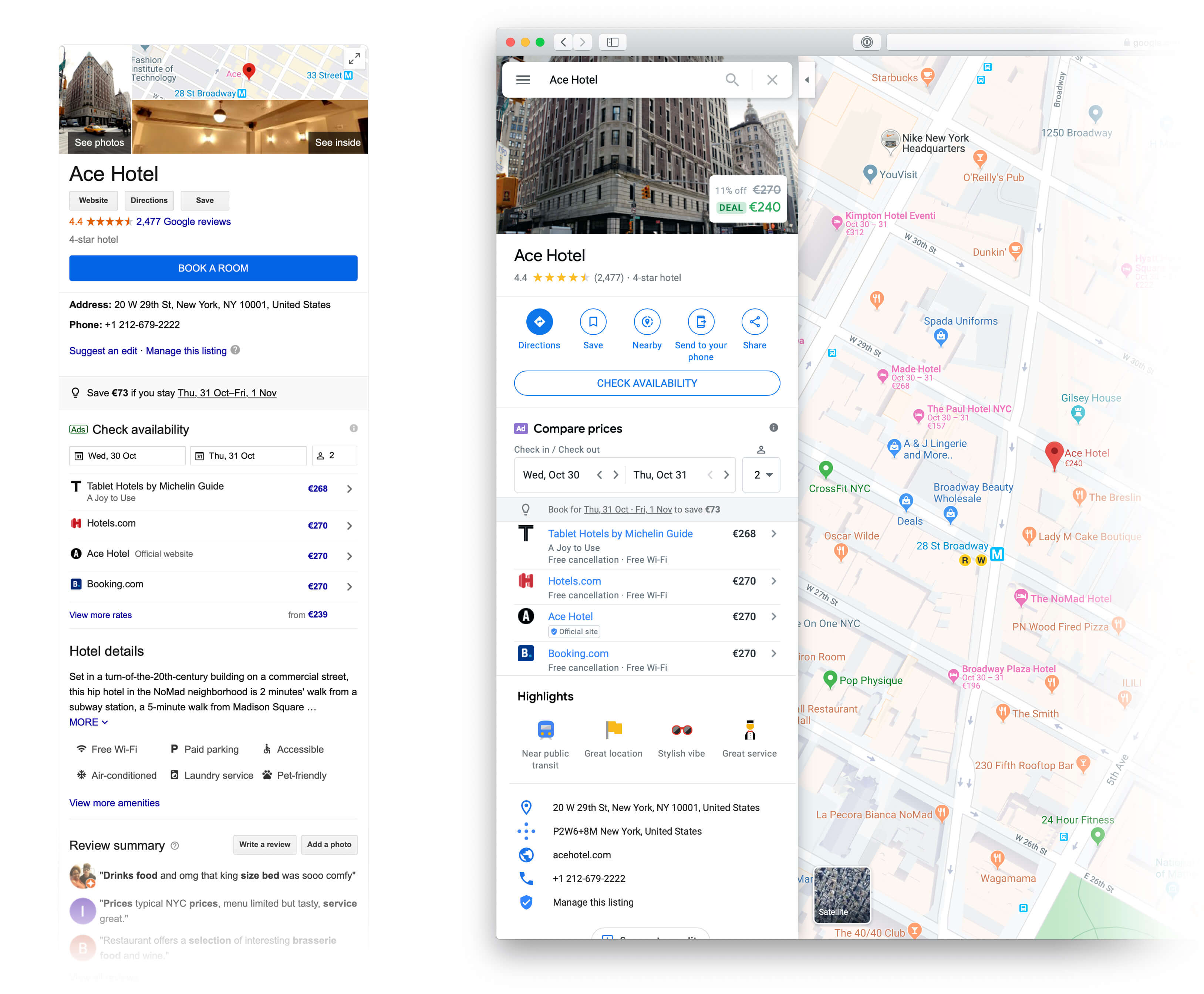 Ace Hotel New York tel qu'il apparaît dans le graphique de connaissances Google (à gauche) reflète les informations de propriété telles qu'elles sont affichées sur Google Maps (à droite).