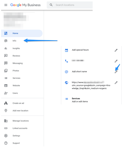 google my business admin menu and short name edit preview